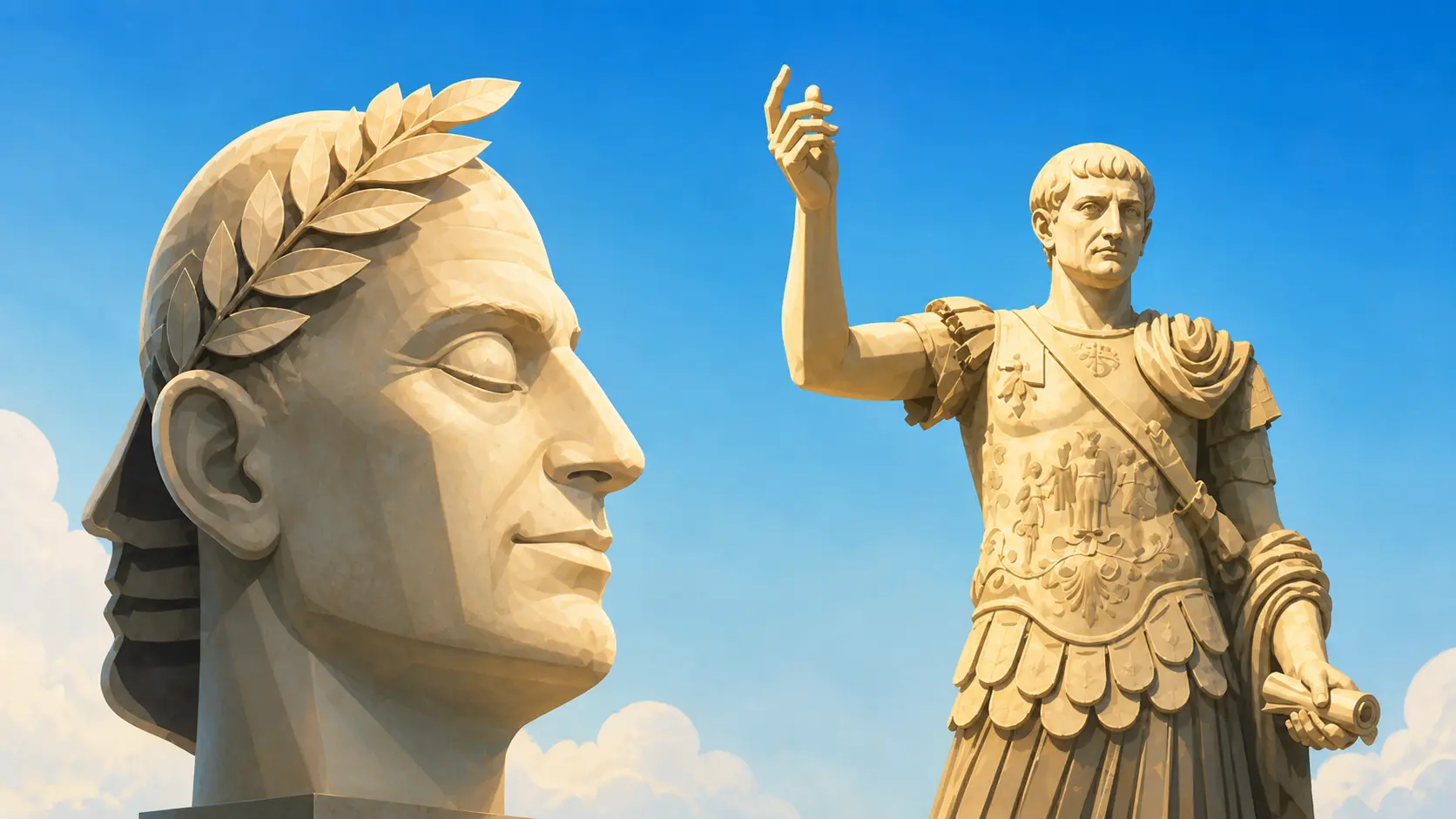 Statue of Julius Caesar against a blue sky in Rome