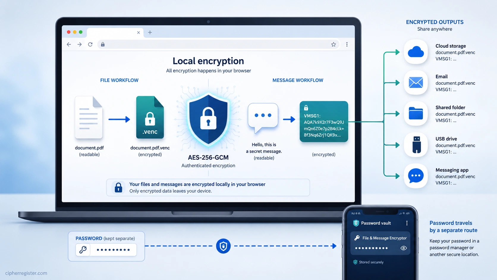 Diagram showing files and messages encrypted locally in a browser with AES-256-GCM before the encrypted outputs are shared