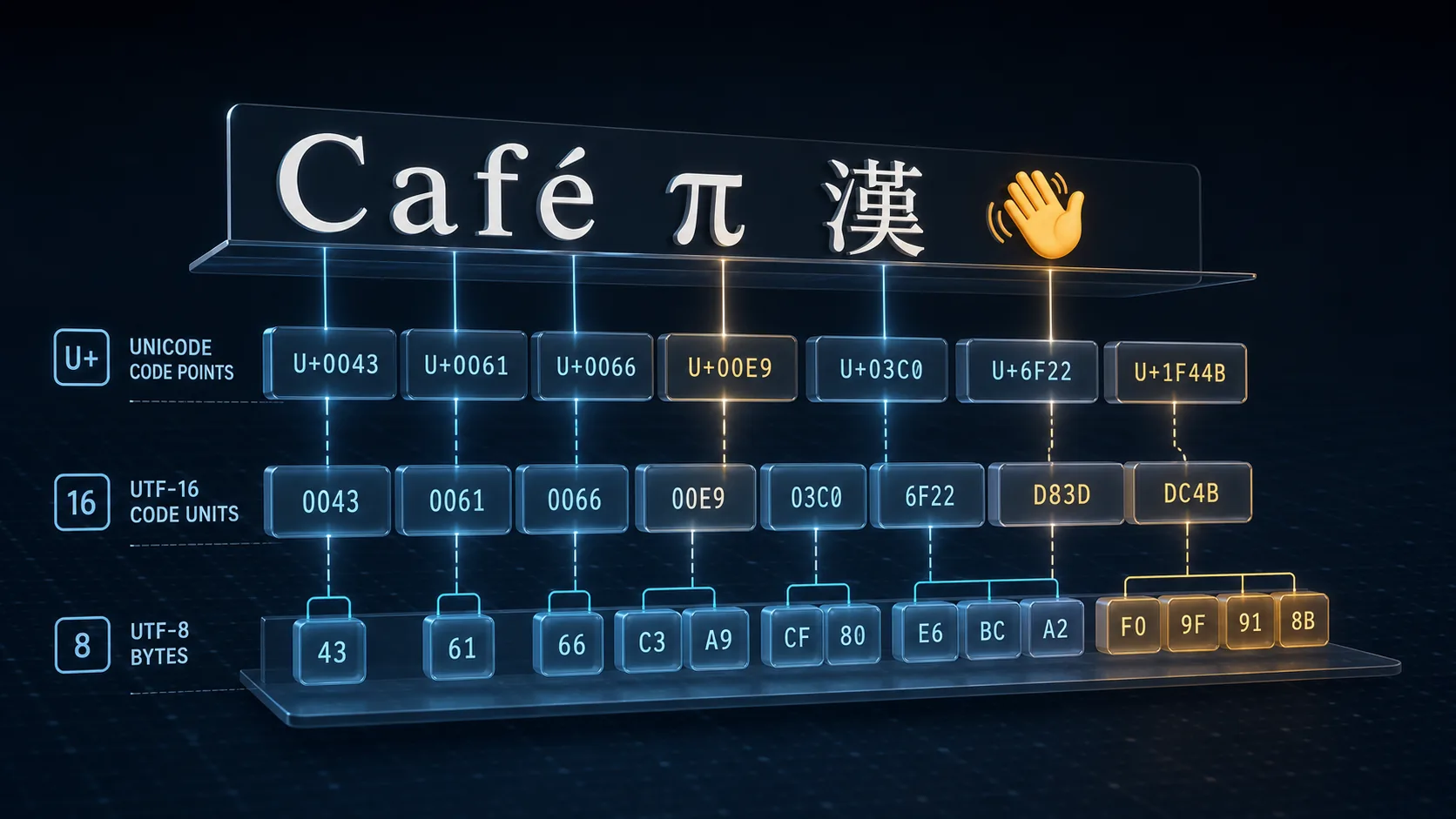 Educational illustration showing visible Unicode text unfolding into code points, UTF-16 code units, and UTF-8 byte groups